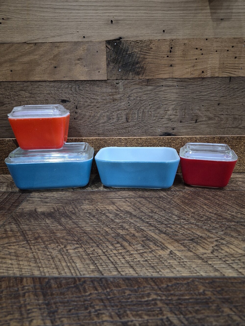 VTG 1950's PYREX 7 pc Refrigerator Dish Set Primary Red-Blue-Orange With Lids